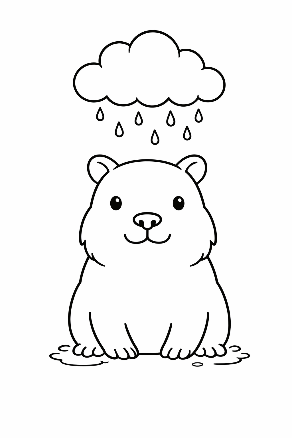 A capybara standing under a simple rain cloud.