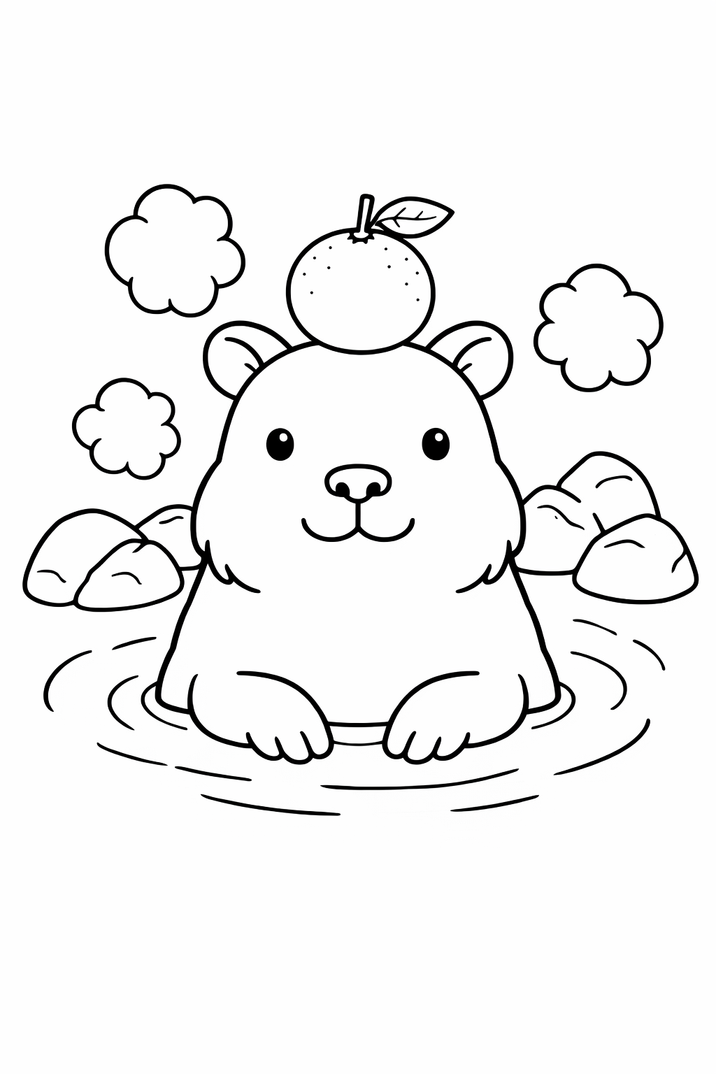 A capybara soaking in a hot spring with an orange on its head.
