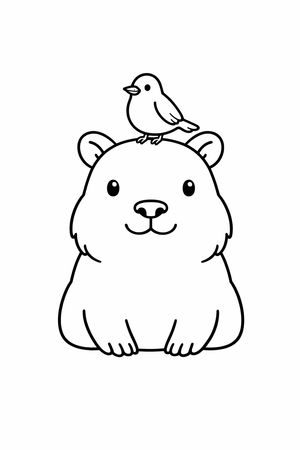 A capybara with a bird sitting on its head.