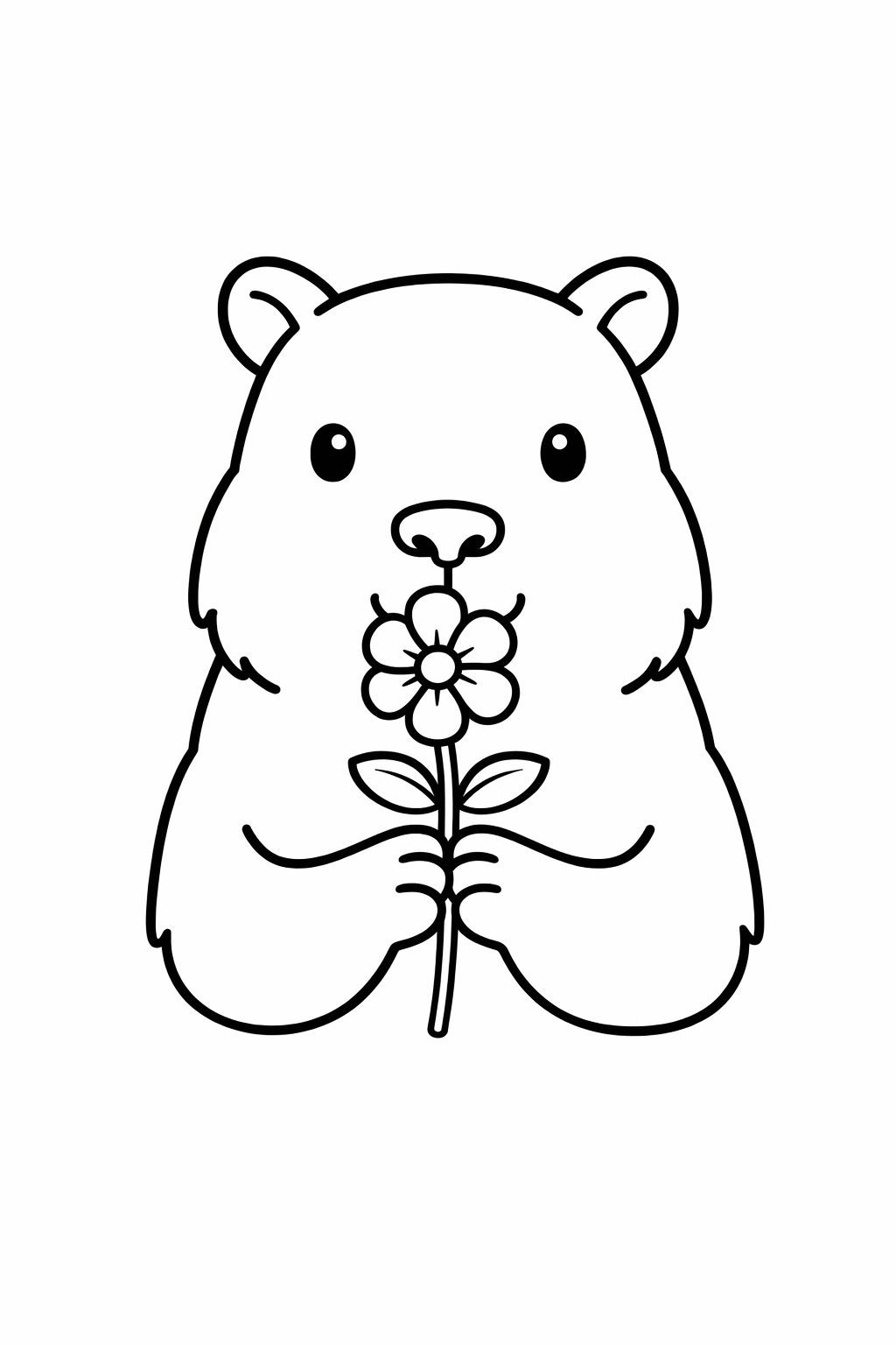 A capybara sniffing a flower.