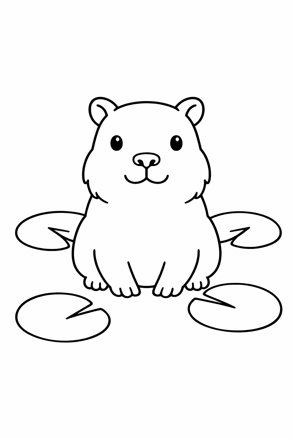 A capybara sitting with lily pads nearby.