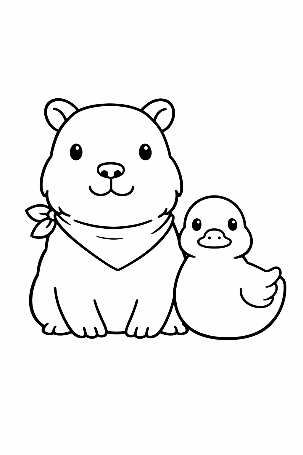 A capybara sitting beside a duck.