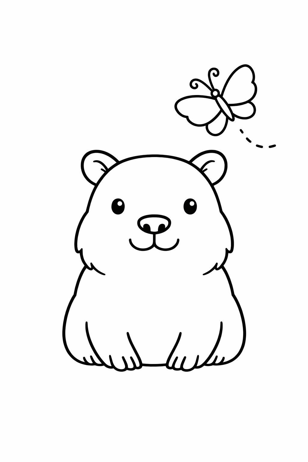 A capybara sitting calmly while a butterfly flies above.