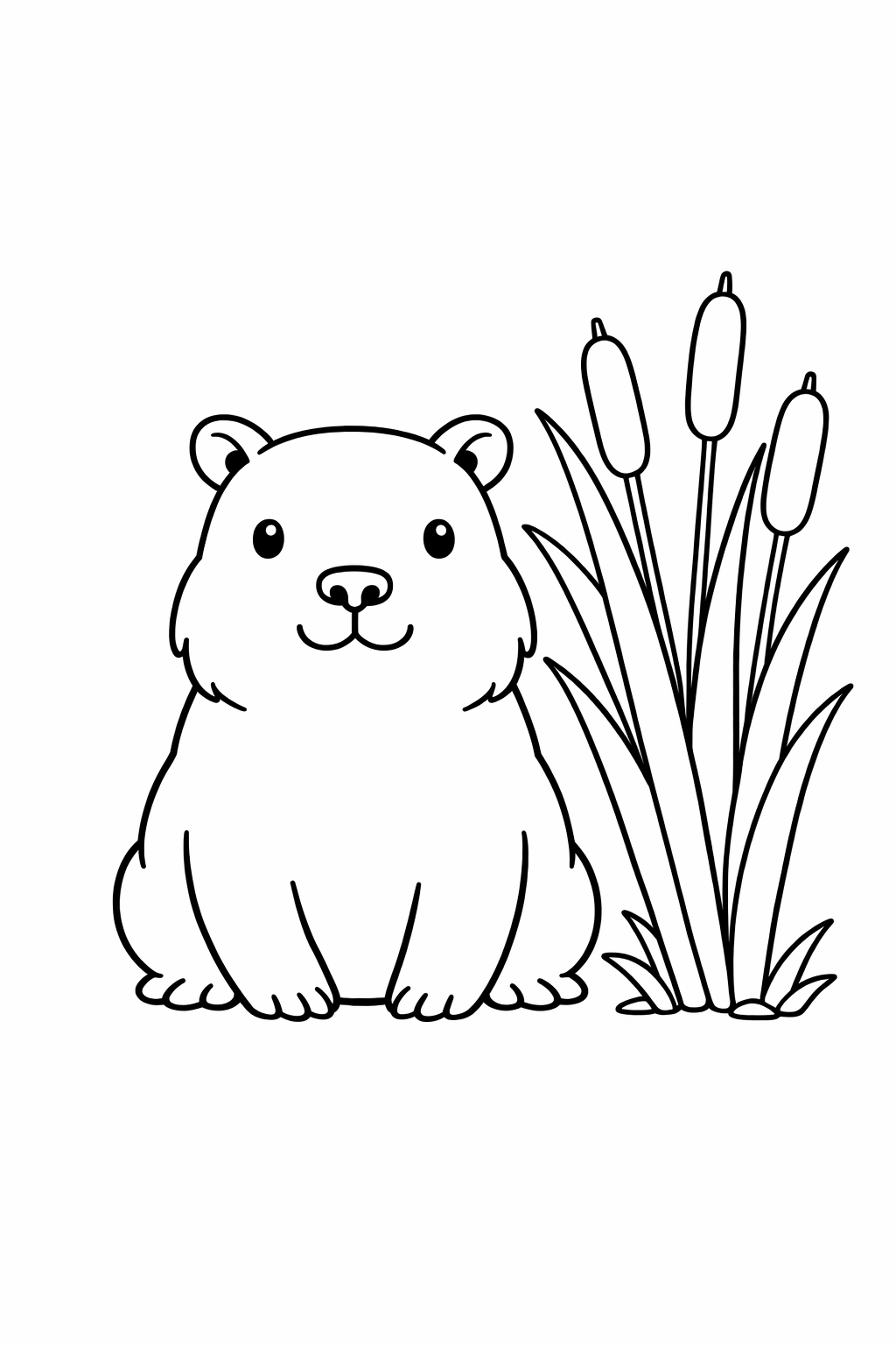 A capybara sitting beside reeds.