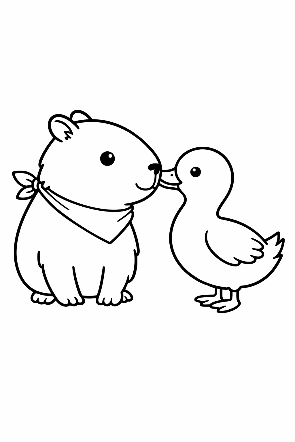 A capybara standing nose-to-nose with a duck.