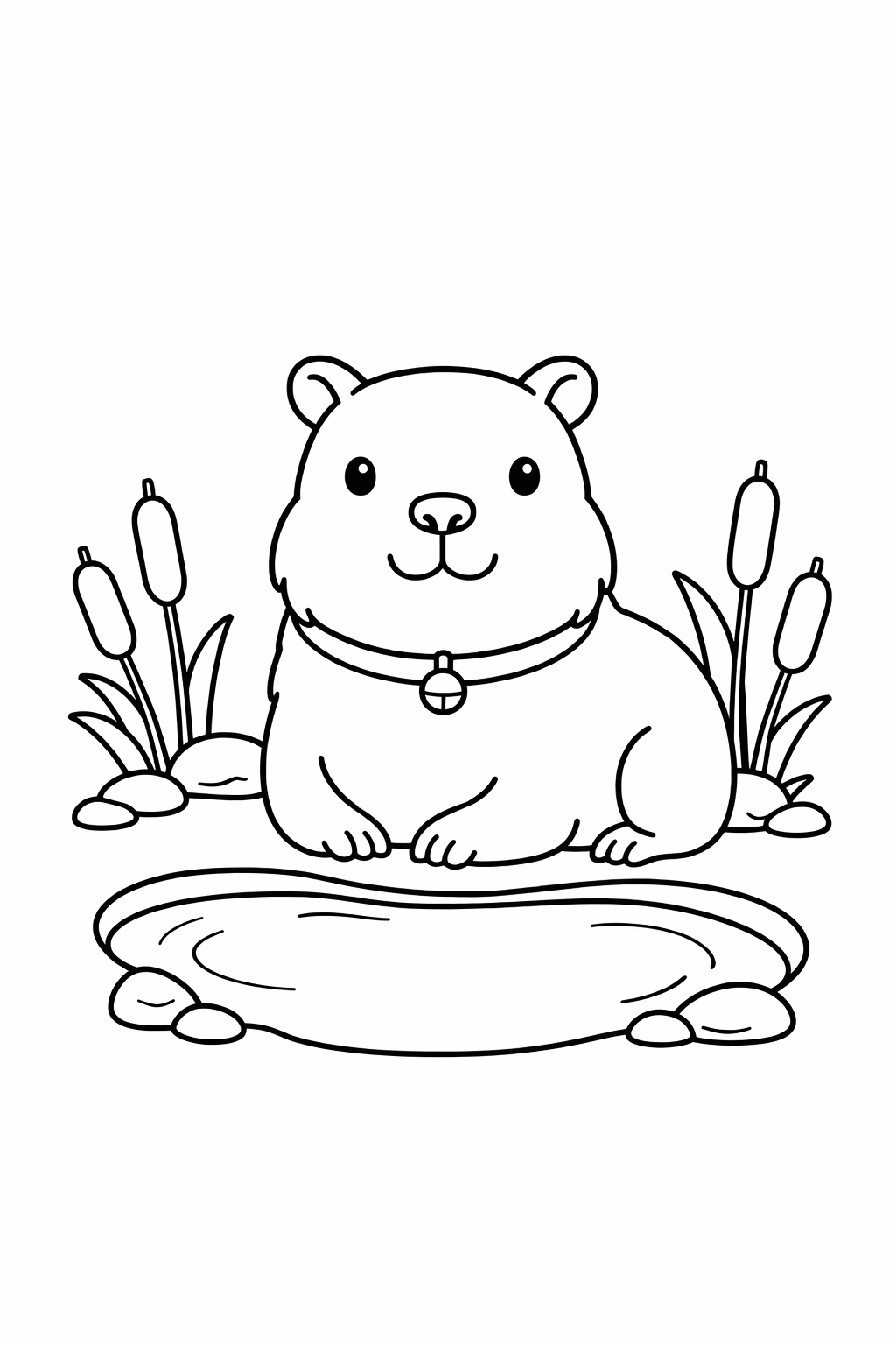 A capybara resting beside a small pond.