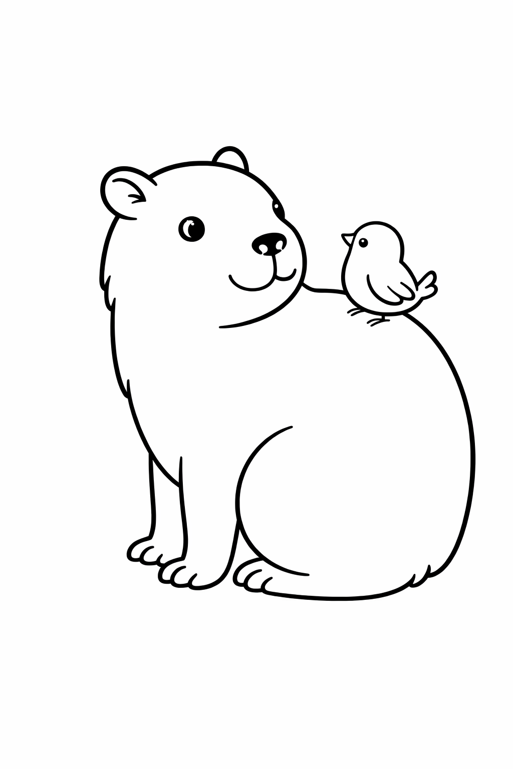 A capybara looking back at a tiny bird on its back.