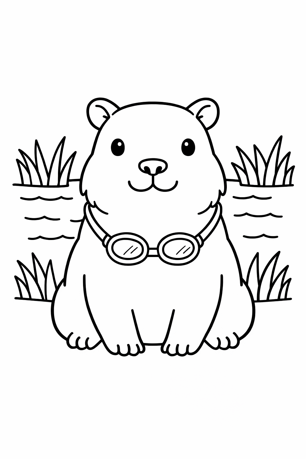 A happy capybara sitting in front of water and grass.