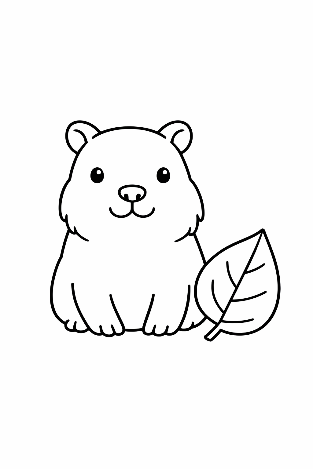 A baby capybara standing beside a leaf.