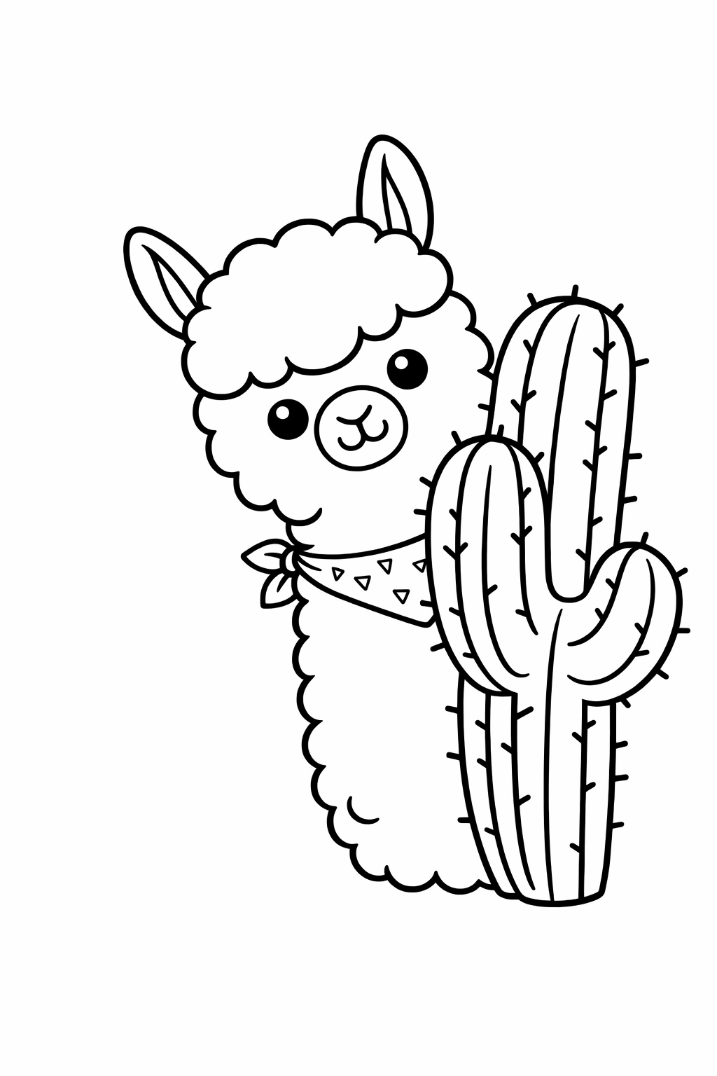A cute llama peeking from behind a cactus