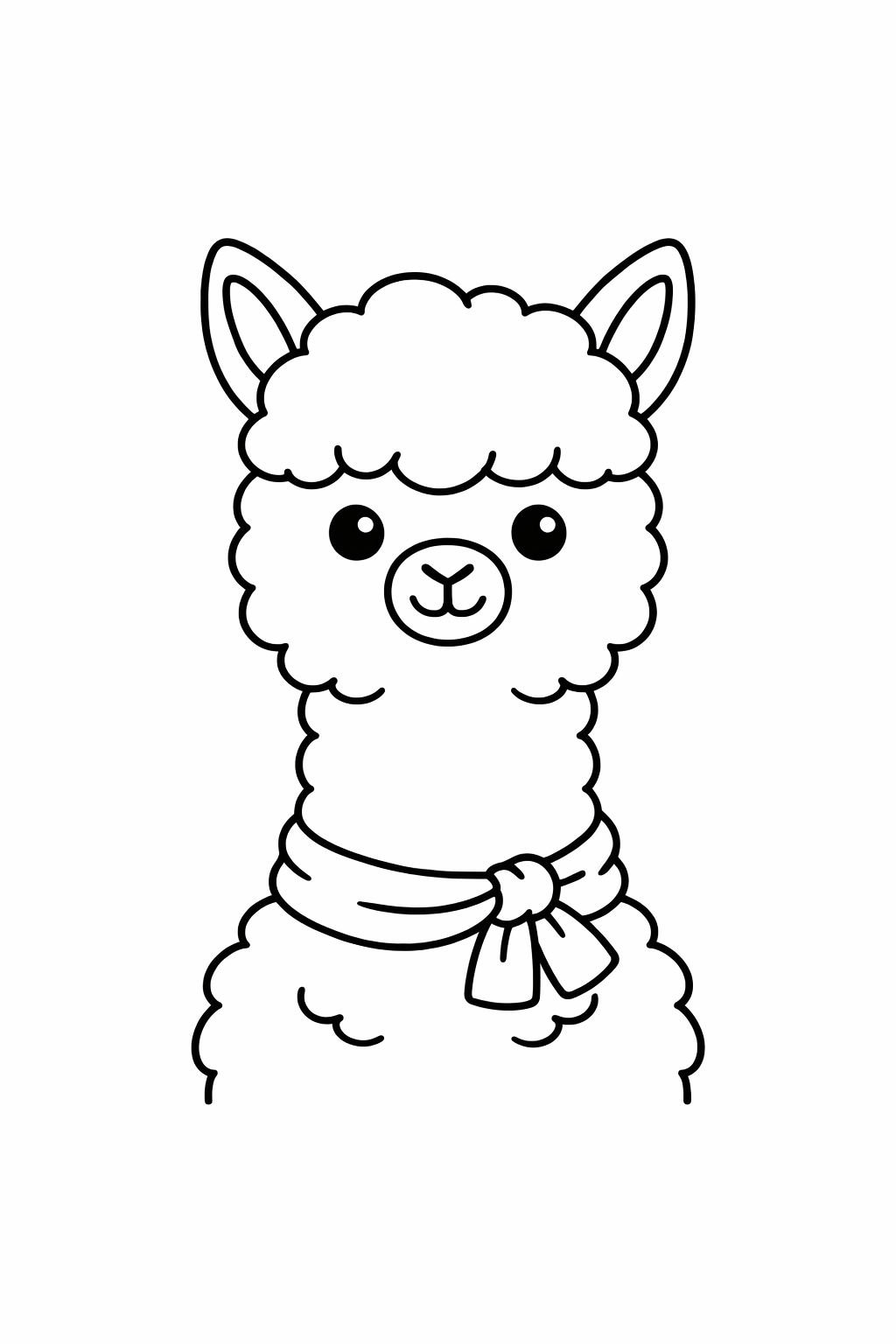 A cute llama wearing a tiny scarf and smiling