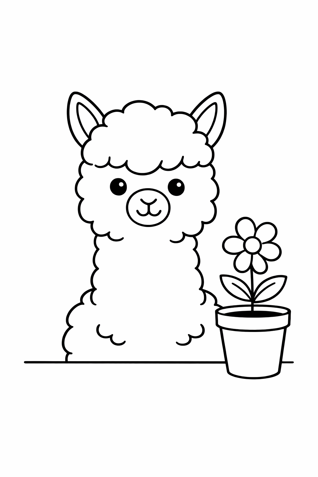 A cute llama looking at a flower pot