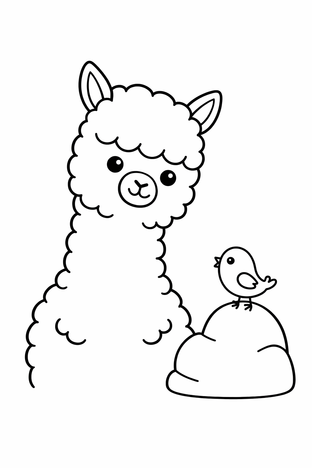 A cute llama looking at a tiny bird on a rock