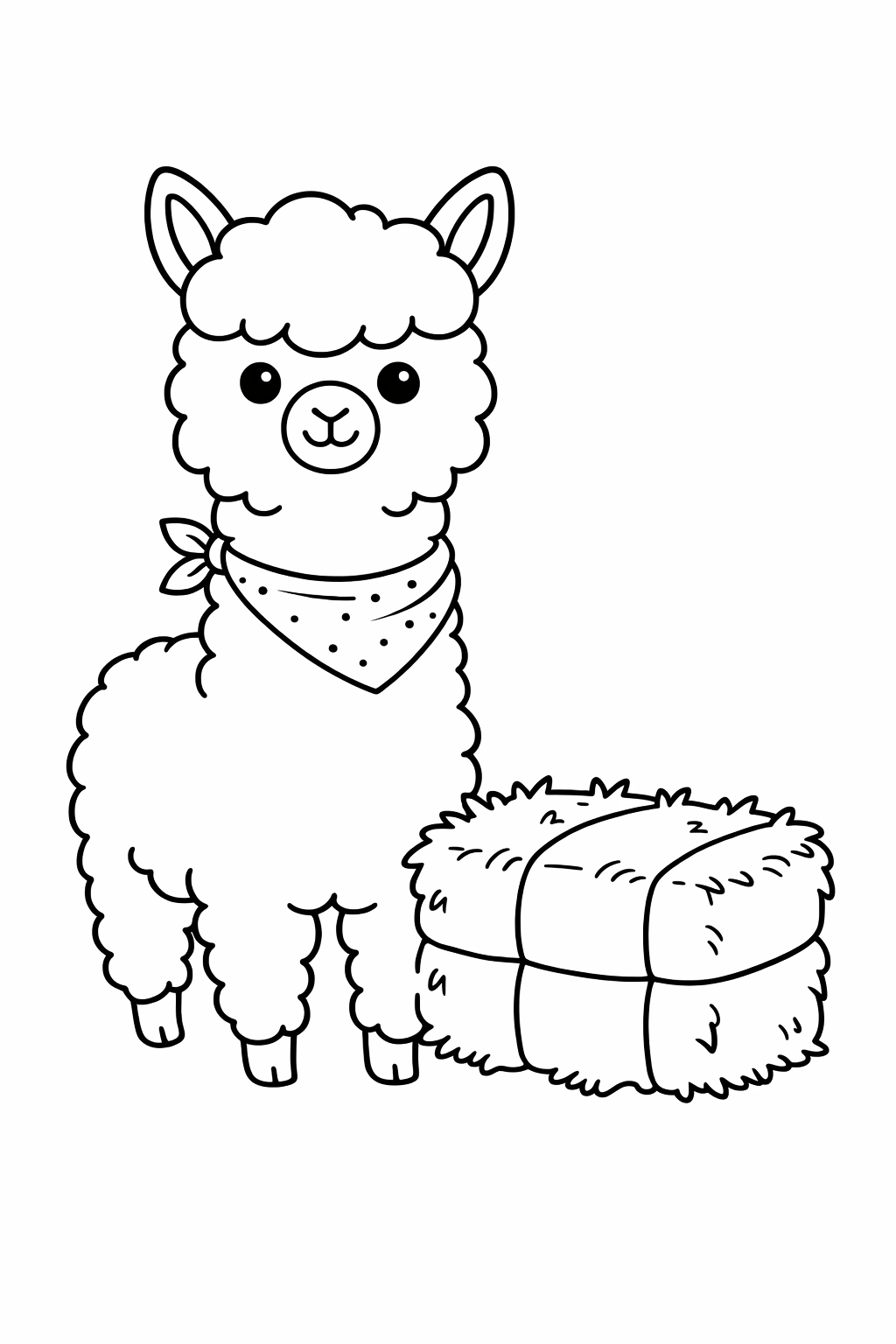 A cute llama standing beside a hay bale