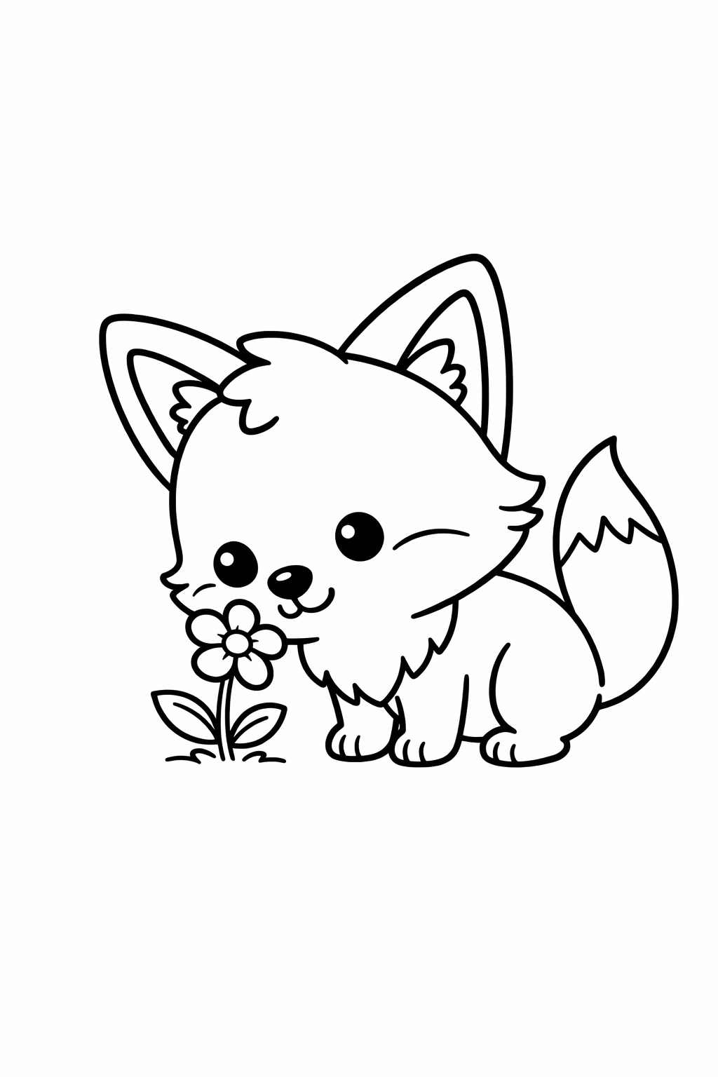 A cute fox sniffing a small flower.