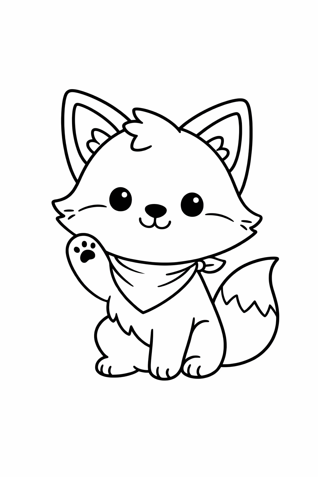 A cute fox sitting with one paw lifted.