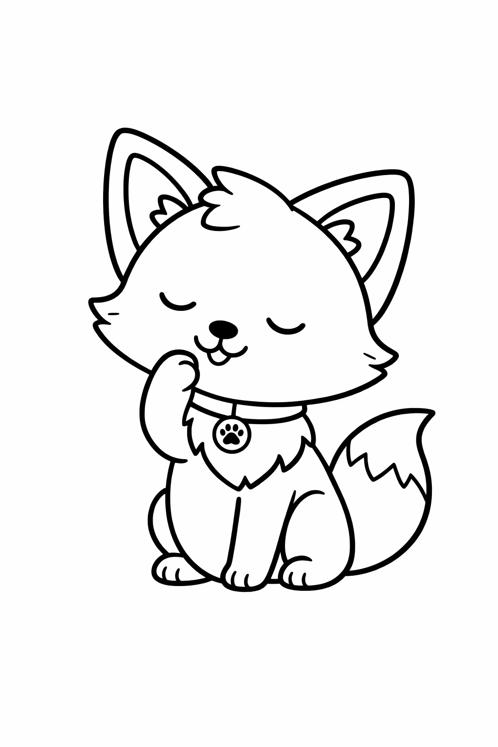 A cute fox grooming one front paw.