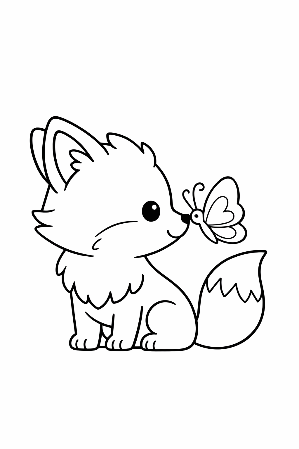 A cute fox sitting nose-to-nose with a butterfly.