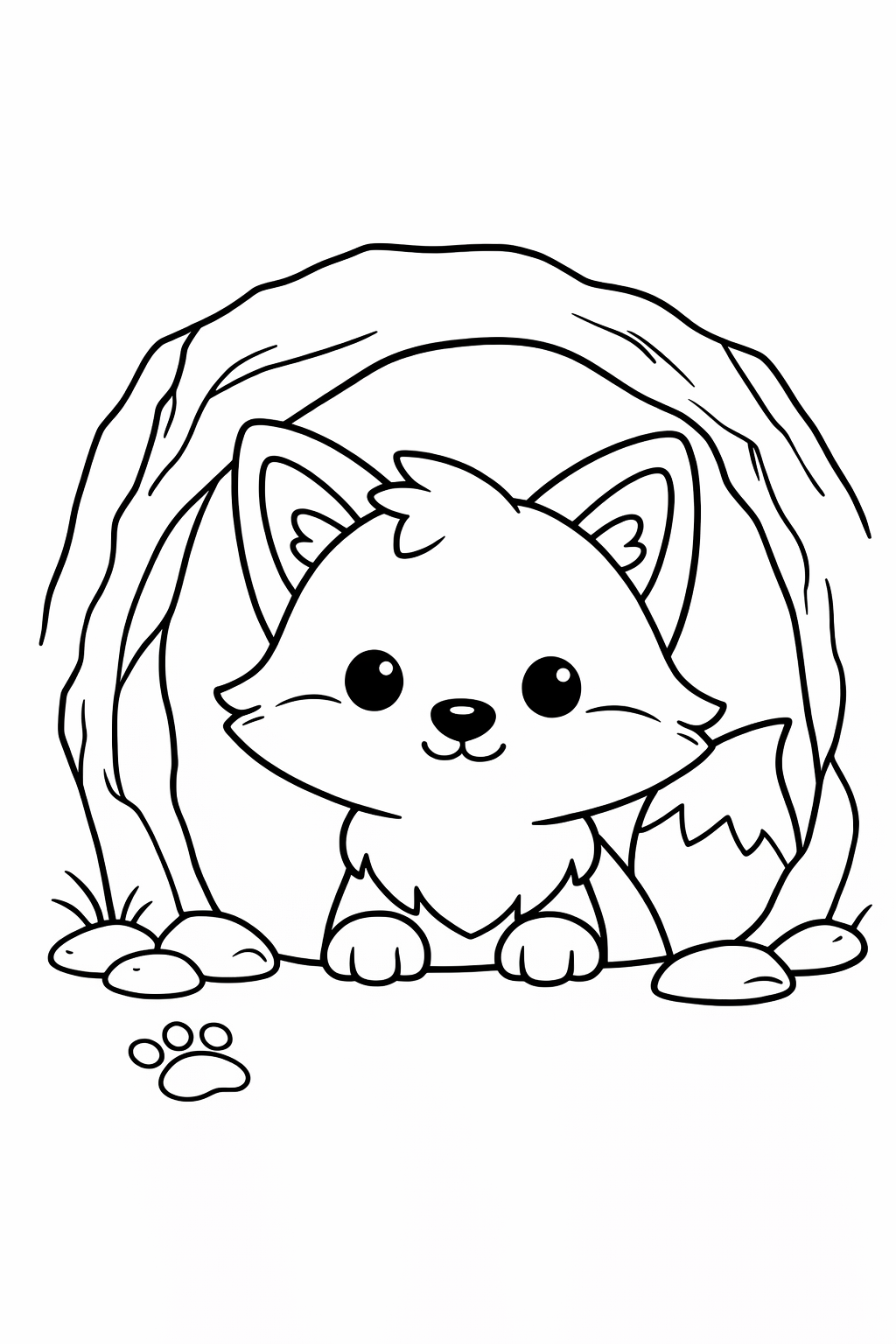 A cute fox peeking out from a den entrance.