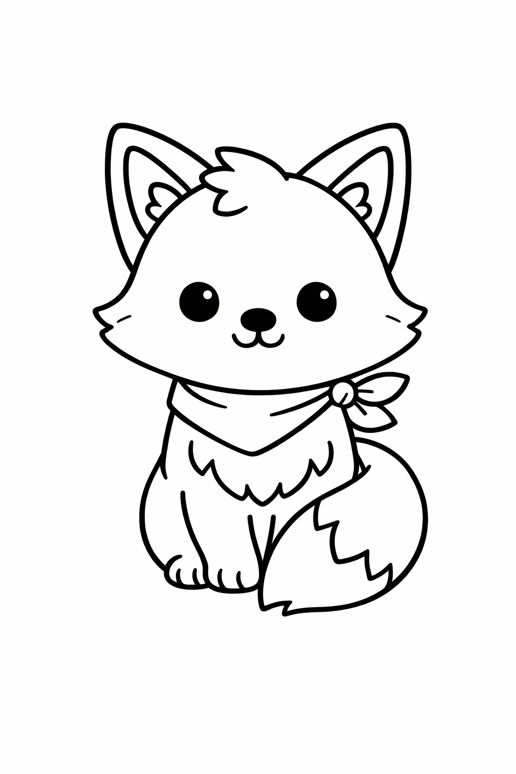 A cute fox sitting still with its tail wrapped around its paws.
