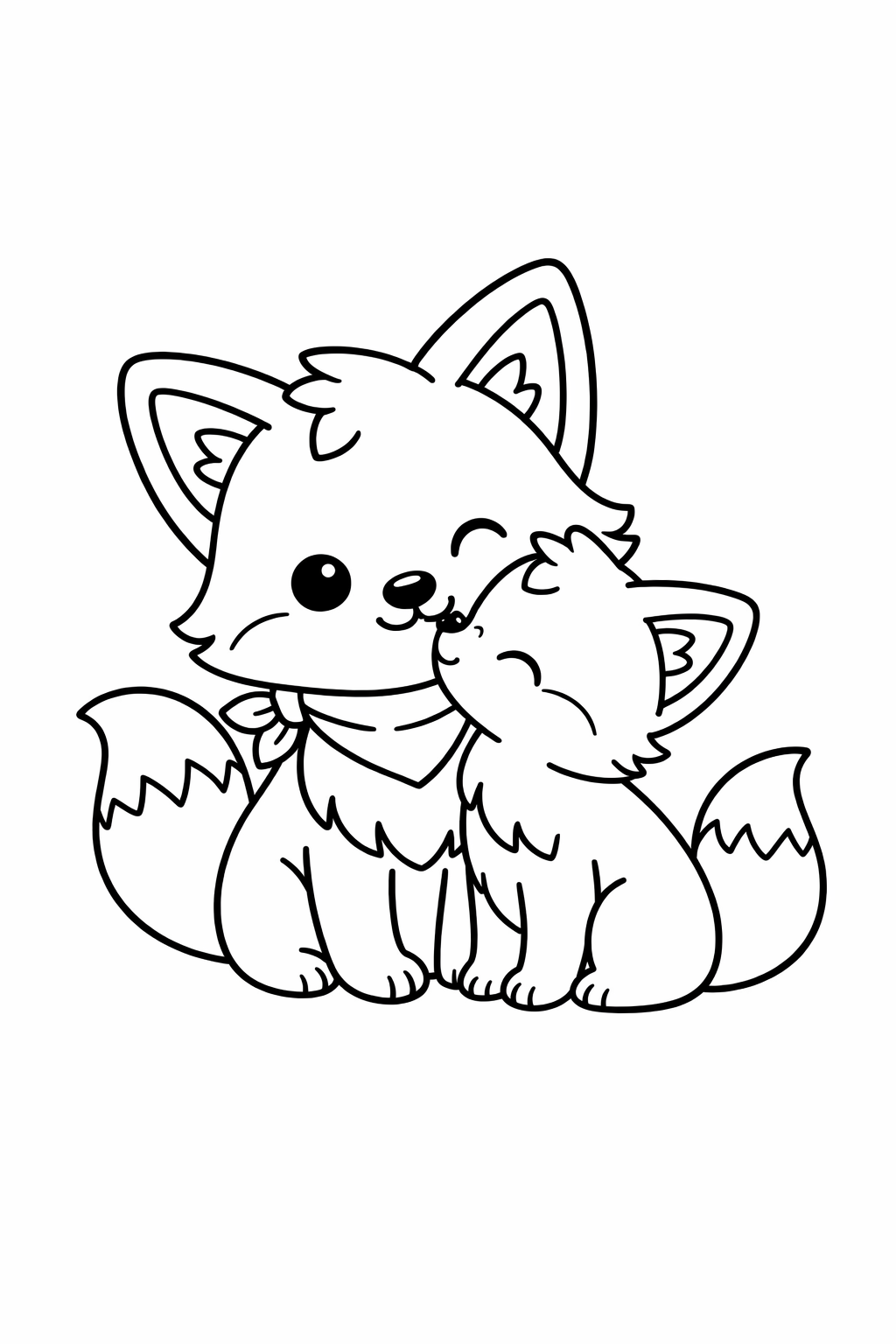 A cute fox nuzzling a smaller fox kit.