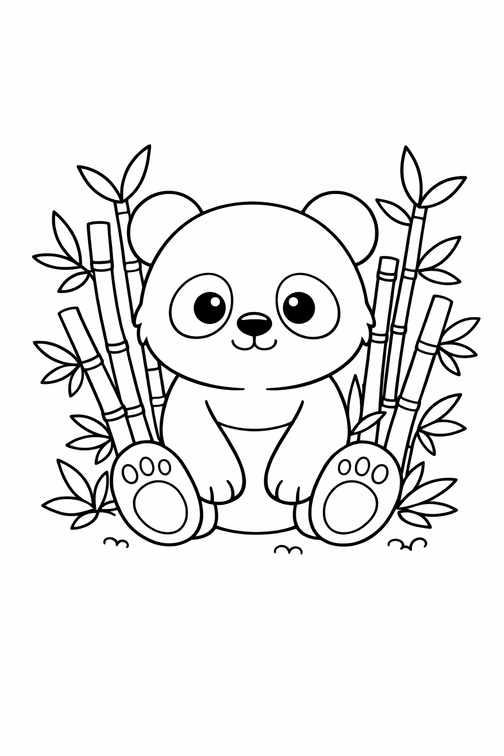 A baby panda sitting in a patch of bamboo shoots.