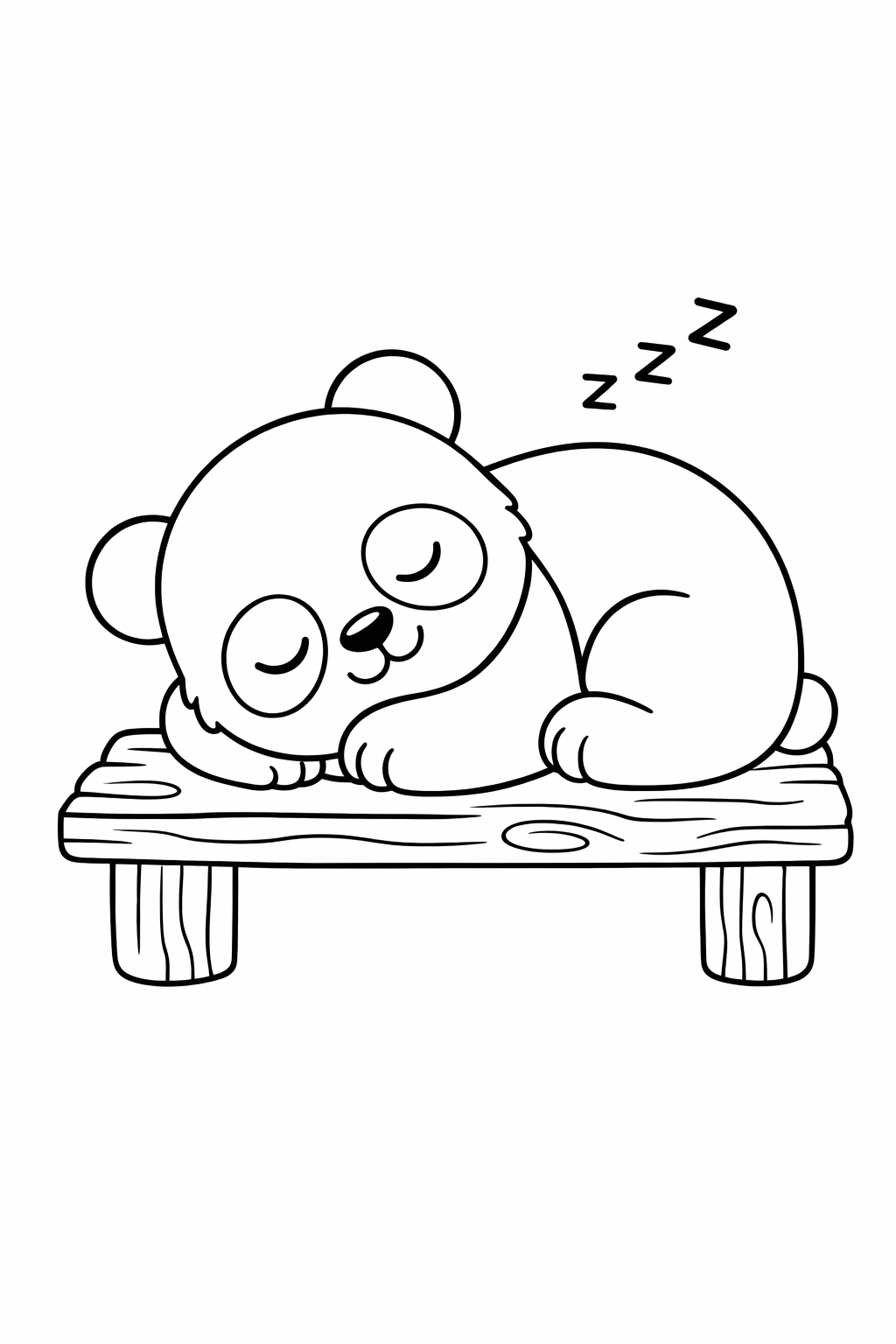 A baby panda curled up asleep on a wooden platform.