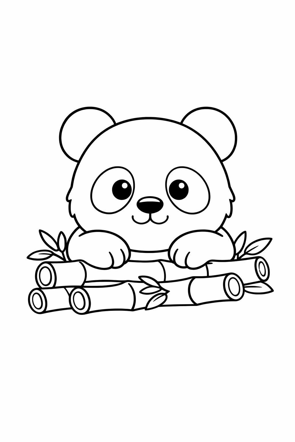 A baby panda resting its chin on a bamboo pile.