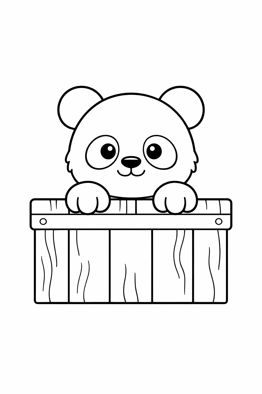 A baby panda peeking over a wooden fence.