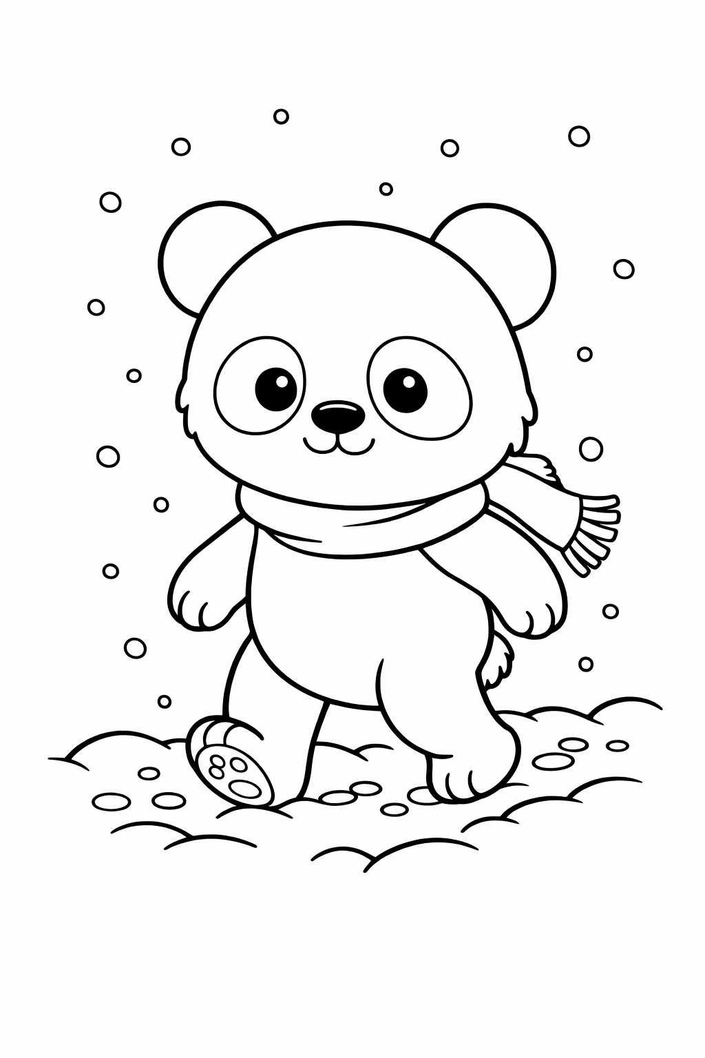 A baby panda walking through light snow.