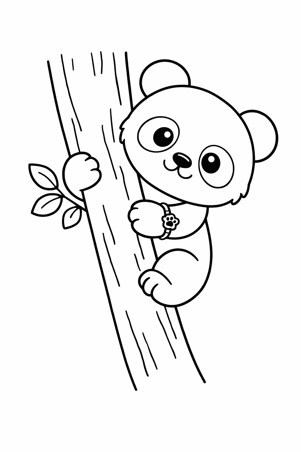 A baby panda halfway up a tree looking down.