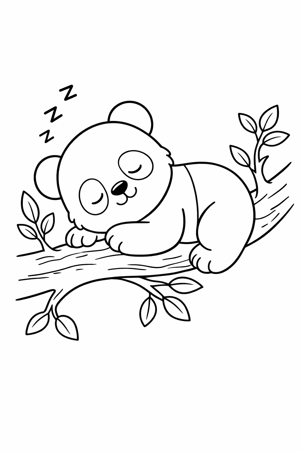 A baby panda sleeping high on a tree branch.