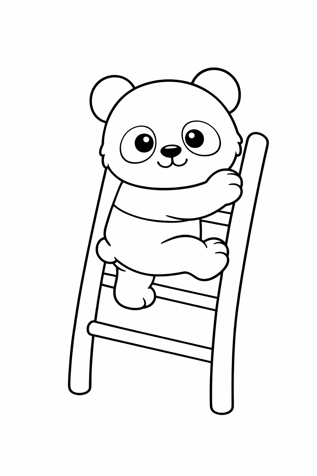 A baby panda climbing a wooden ladder.