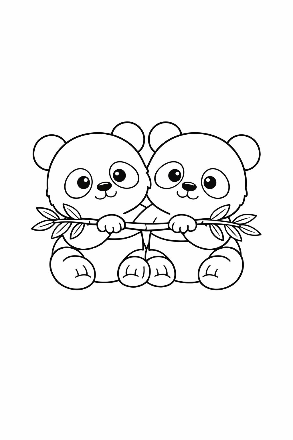 Two baby pandas sharing one bamboo branch.