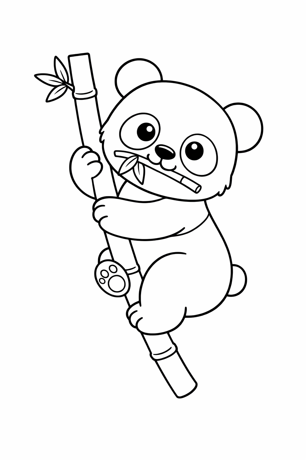 A baby panda carrying bamboo in its mouth while climbing up.