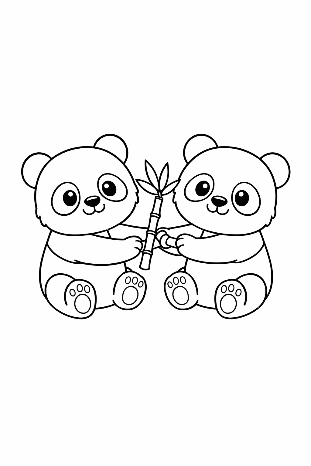 Two baby pandas pulling the same bamboo shoot.
