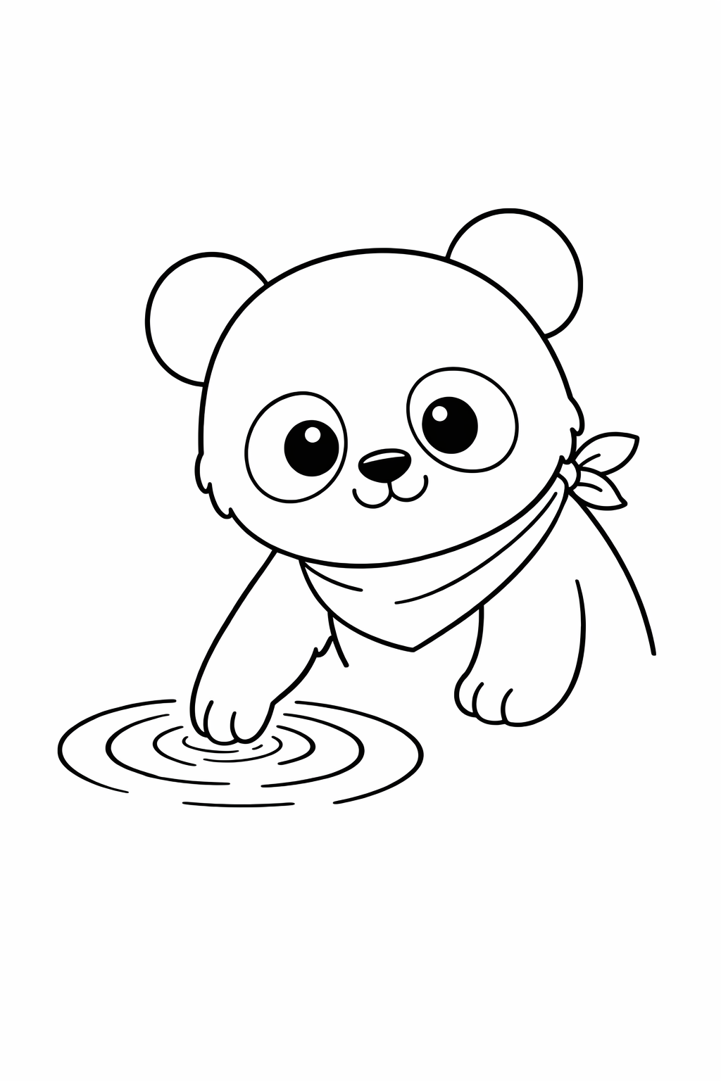 A baby panda touching water with one paw.