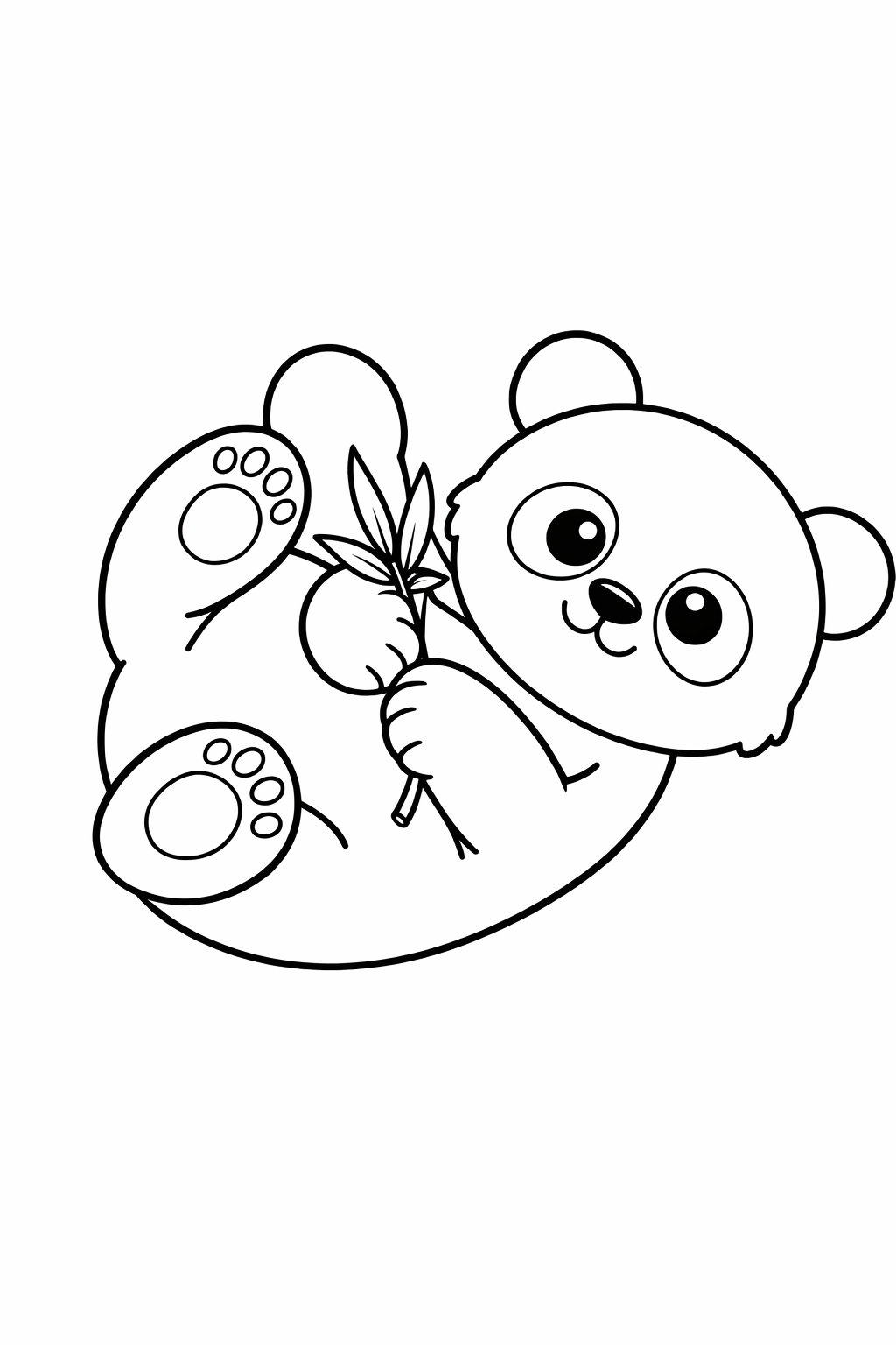 A baby panda rolling onto its back with a bamboo leaf.