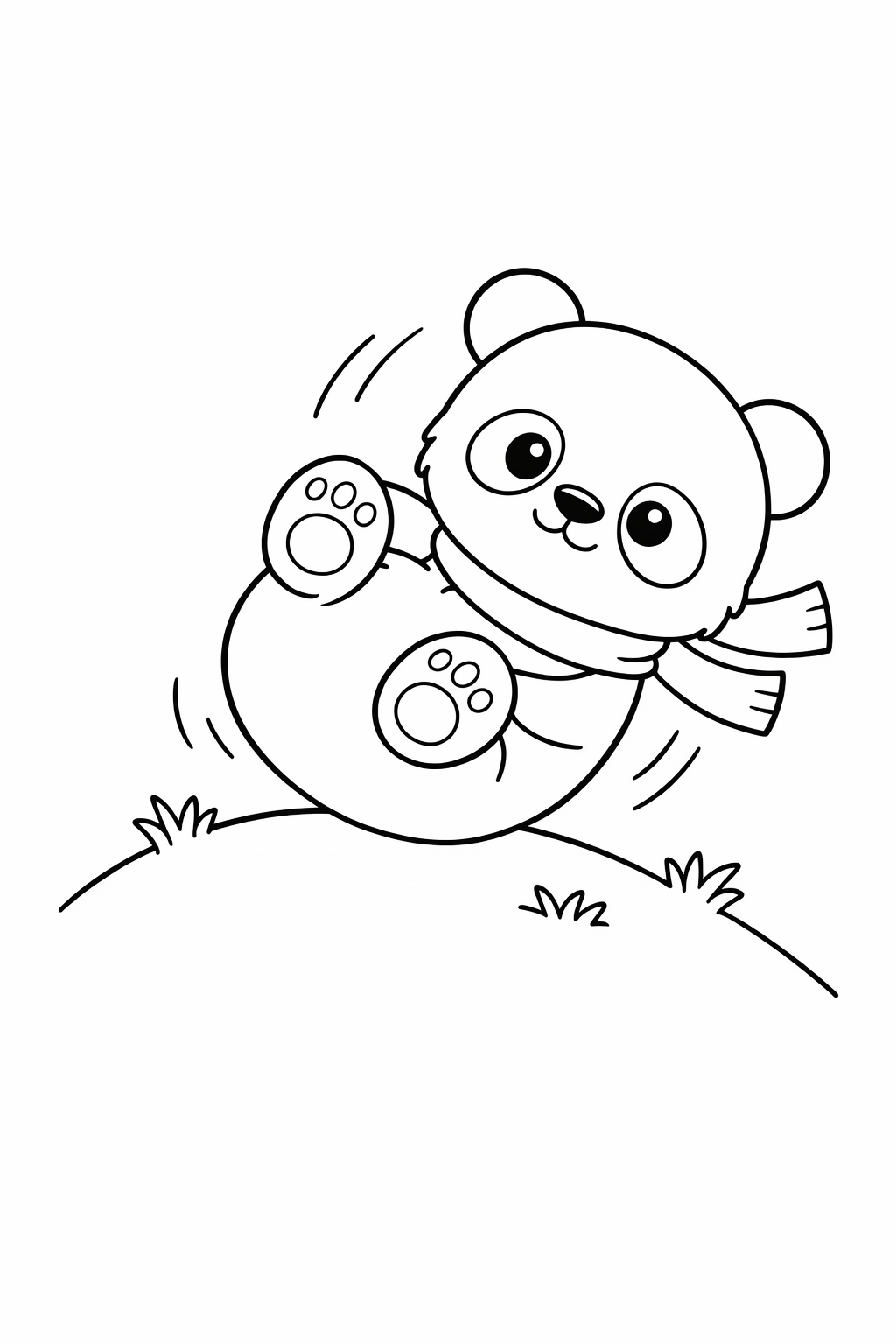 A baby panda rolling down a small hill.