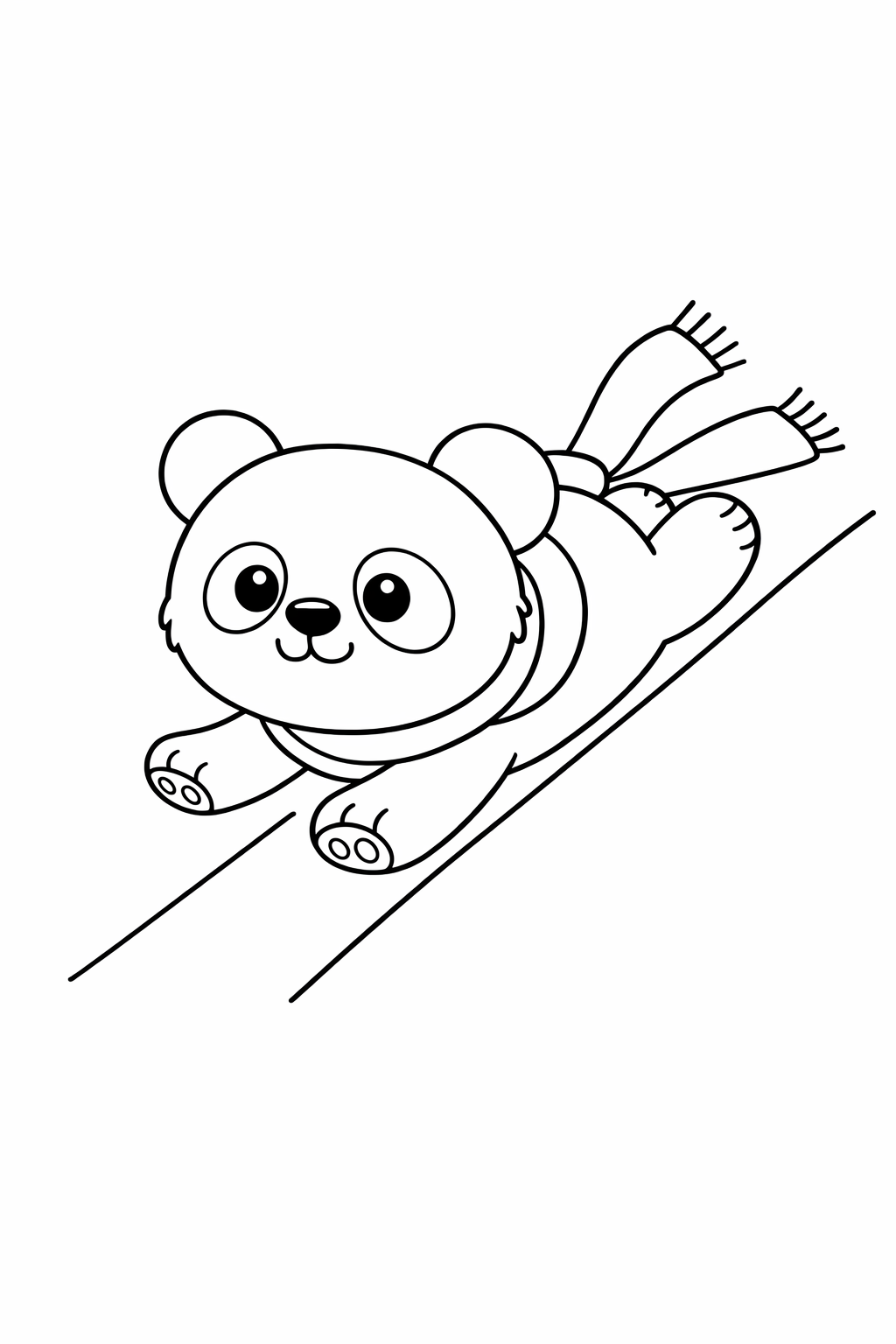 A baby panda sliding on its tummy down a slope.