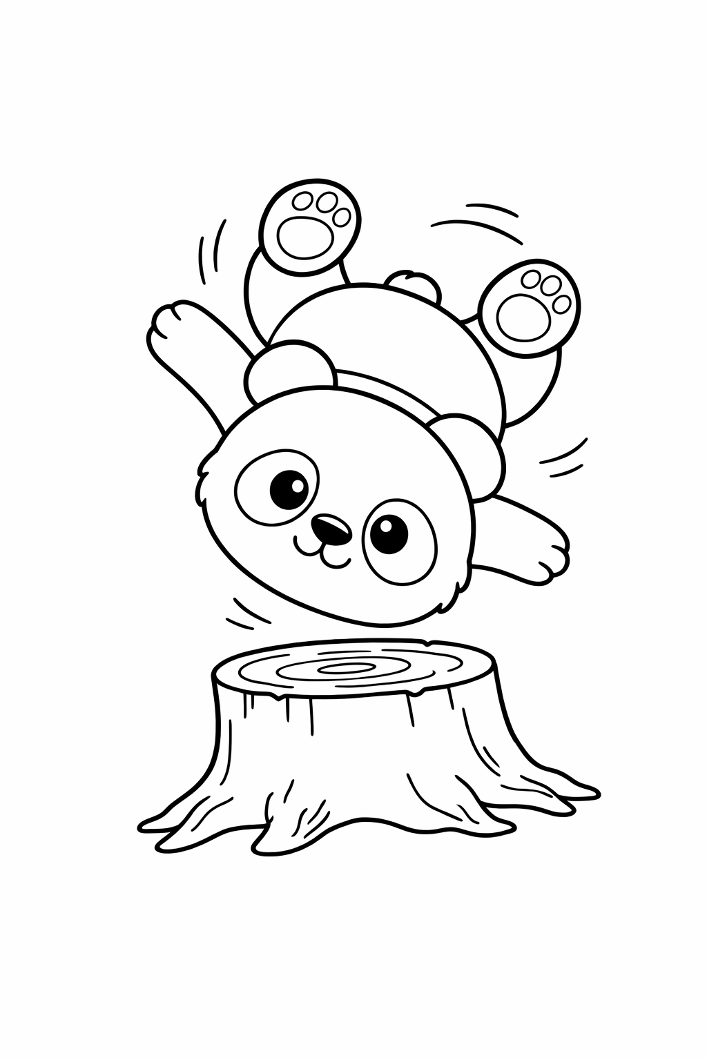 A baby panda tumbling off a low tree stump.