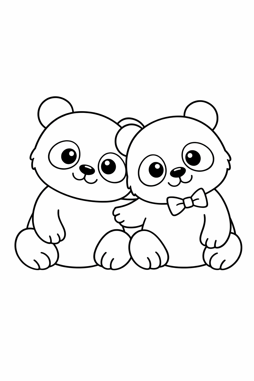 Two baby pandas leaning on each other.