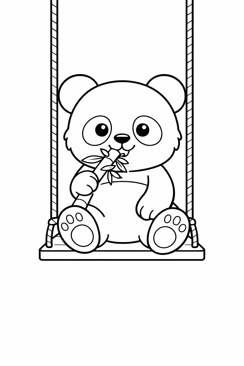 A baby panda sitting on a swing and eating bamboo.