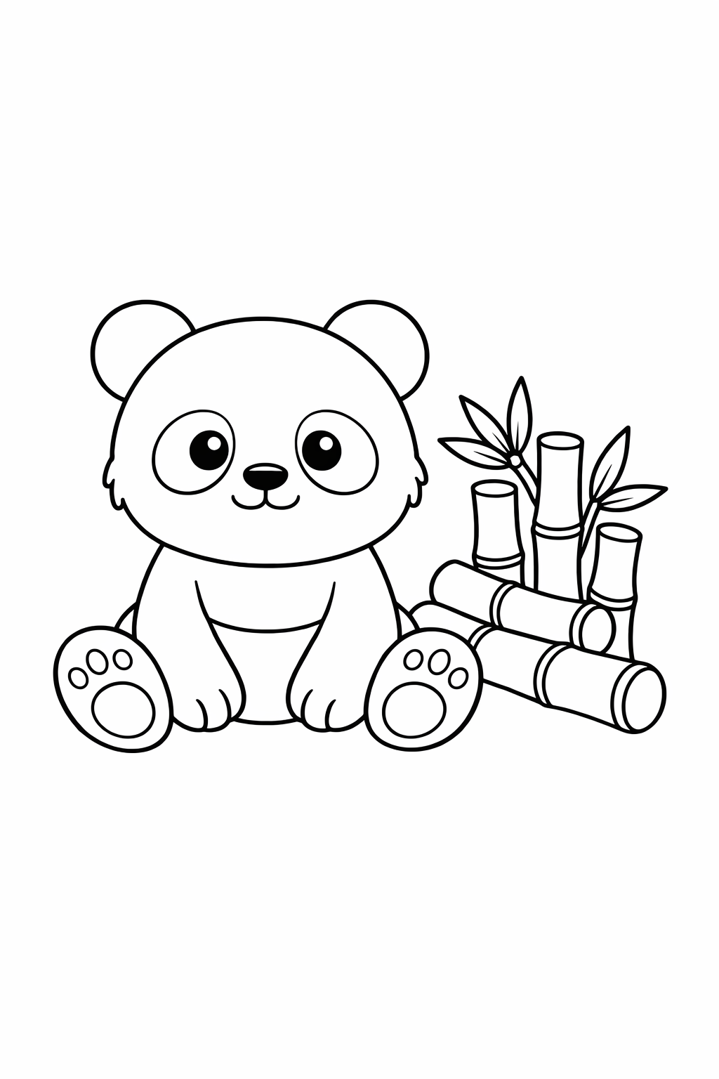 A baby panda sitting beside a pile of bamboo.