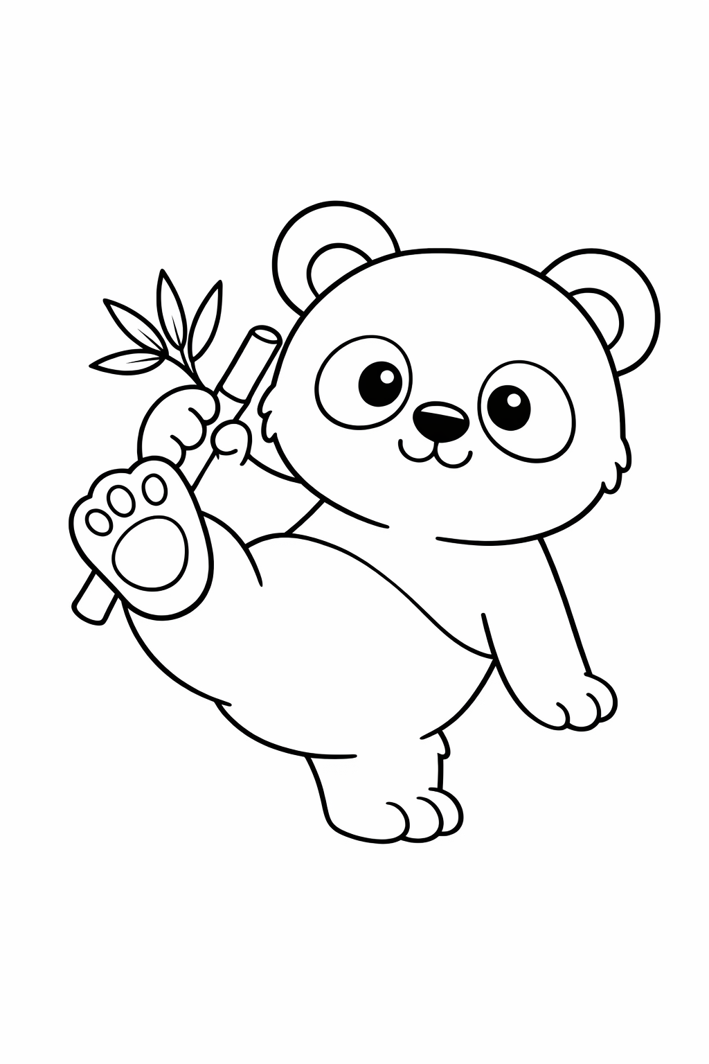 A baby panda holding bamboo with one foot like kung fu.