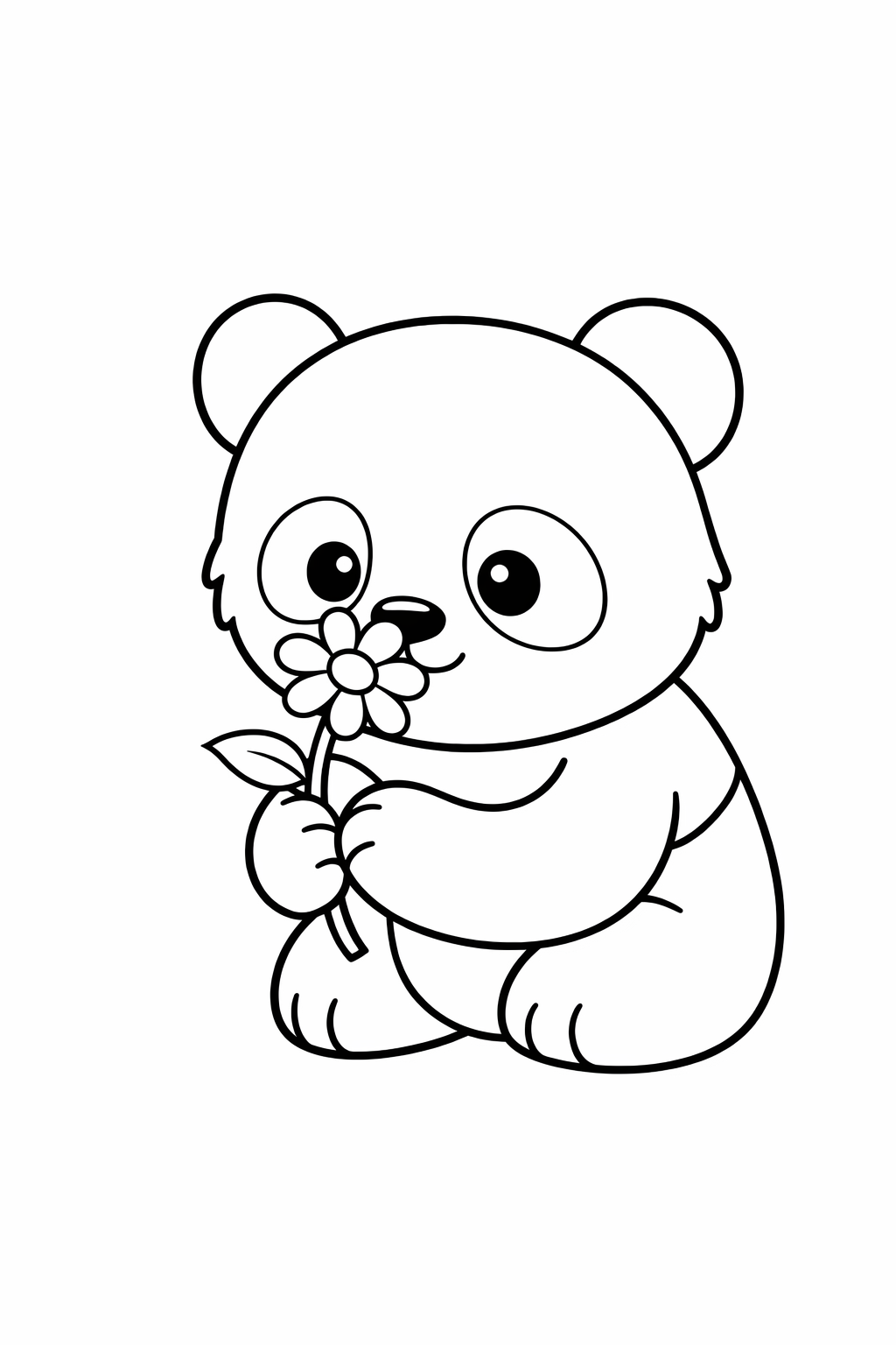 A baby panda sniffing a flower.