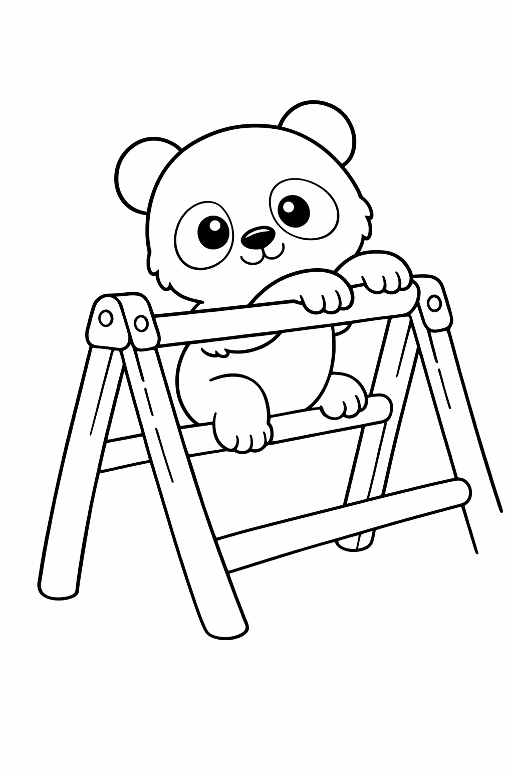 A baby panda climbing over a wooden play frame.