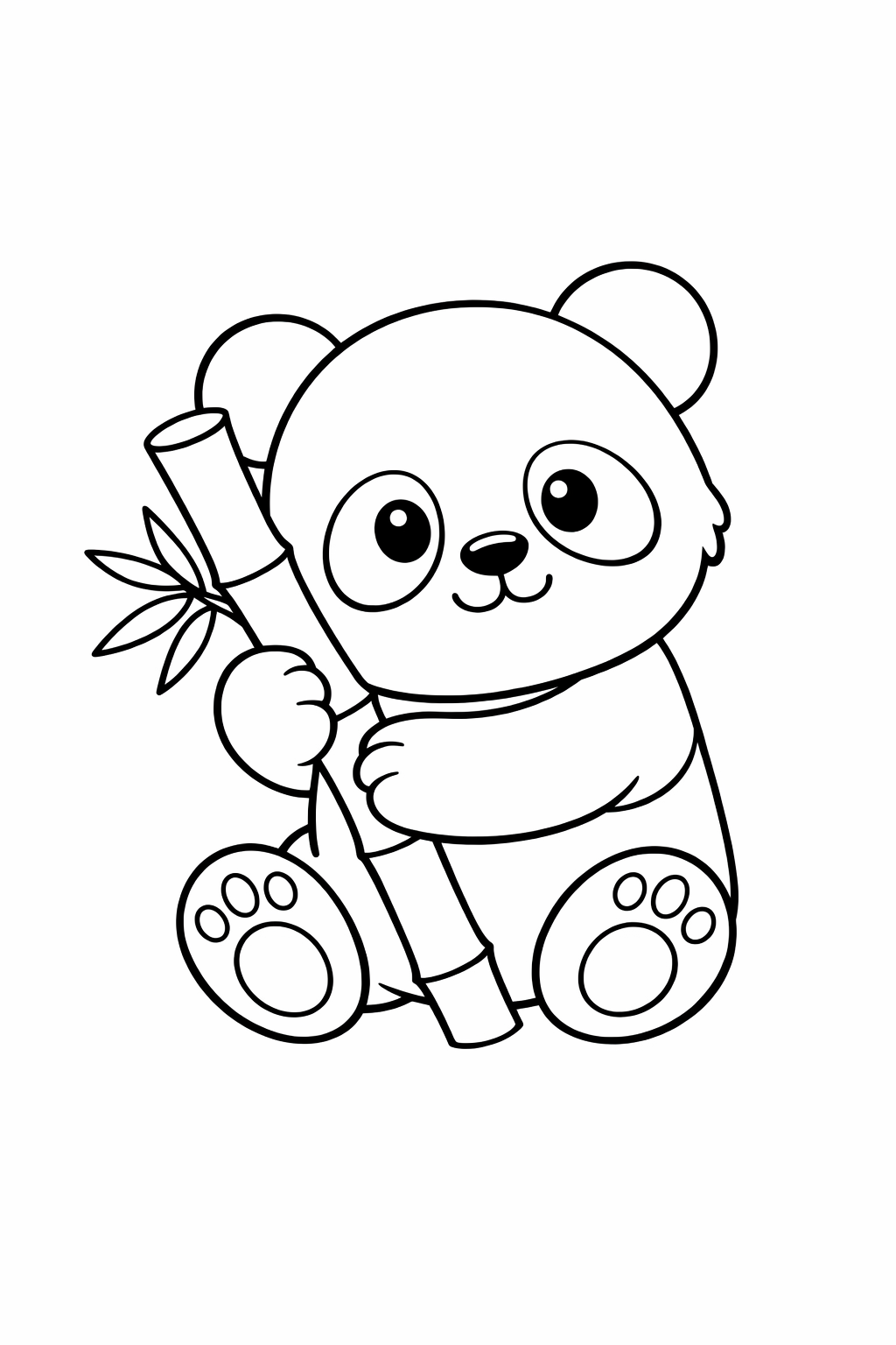 A baby panda sitting and hugging a bamboo stalk.