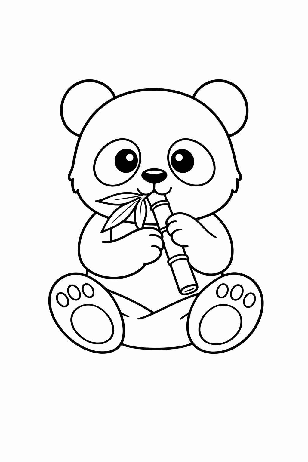 A baby panda sitting cross-legged and eating bamboo.