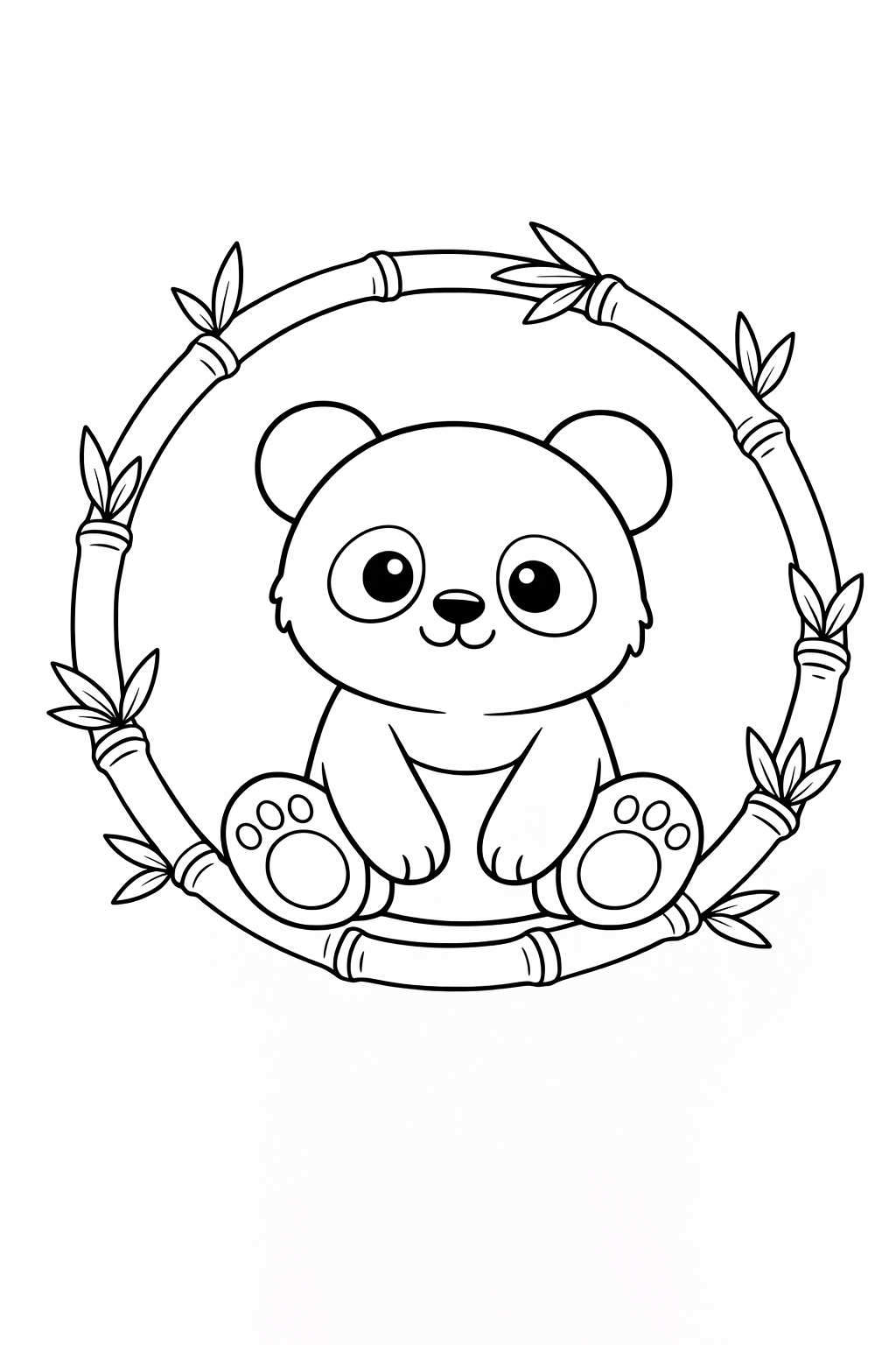 A baby panda sitting inside a ring of bamboo stalks.